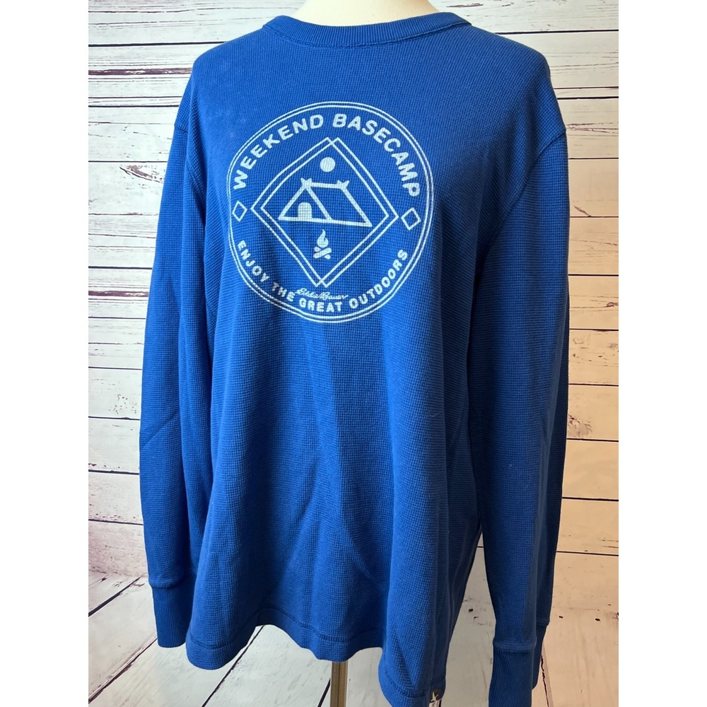 Eddie Bauer Thermal Shirt Waffle Knit Large Blue Weekend Basecamp Graphic Mens